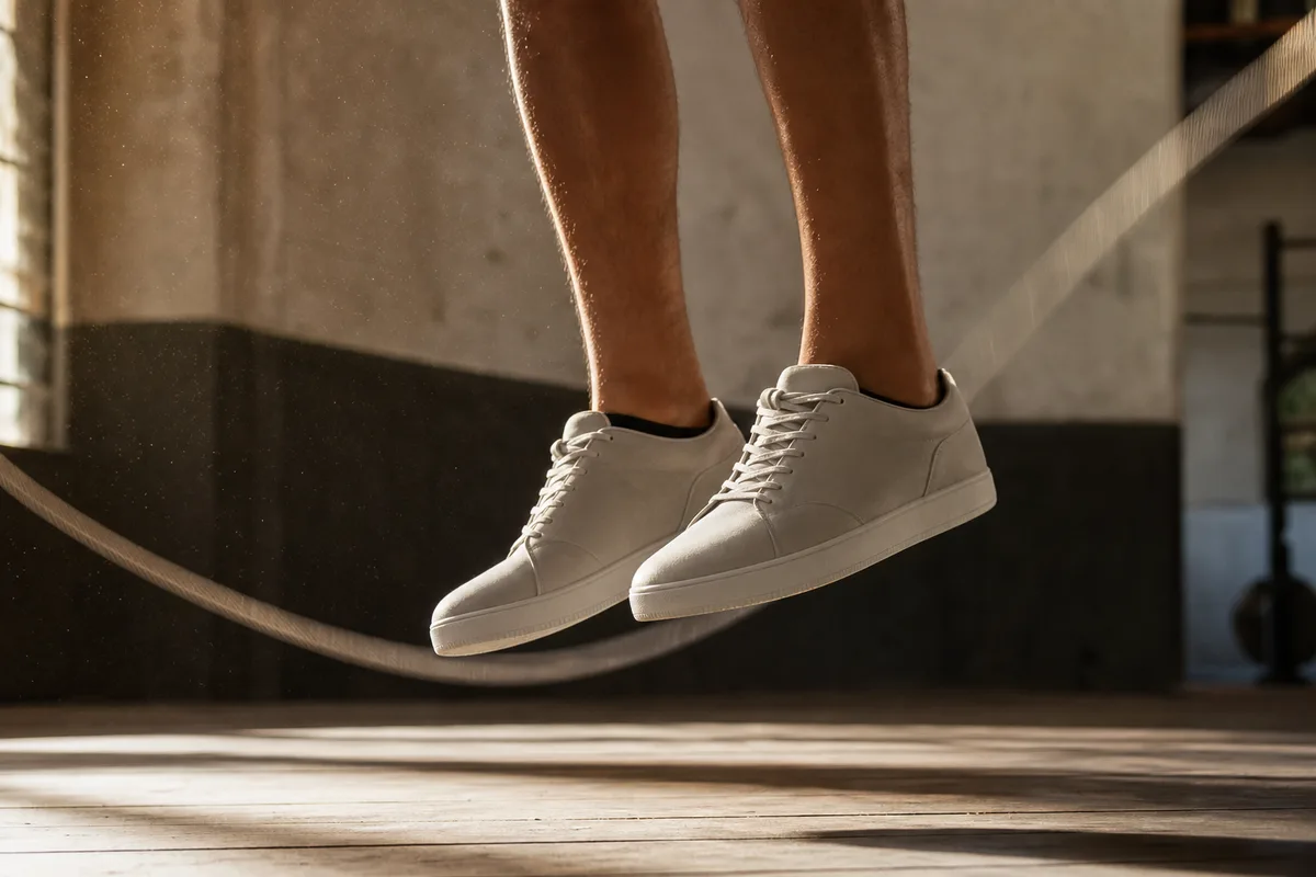 Corde à sauter enroulée sur le parquet clair d’une salle d’entraînement