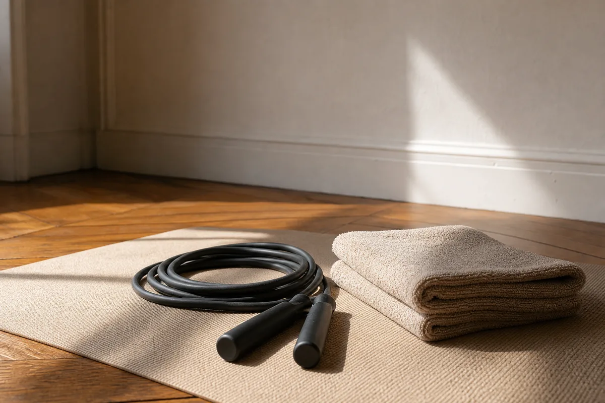 Corde lestée posée près d’un tapis de sol dans un coin d’appartement, lumière matinale