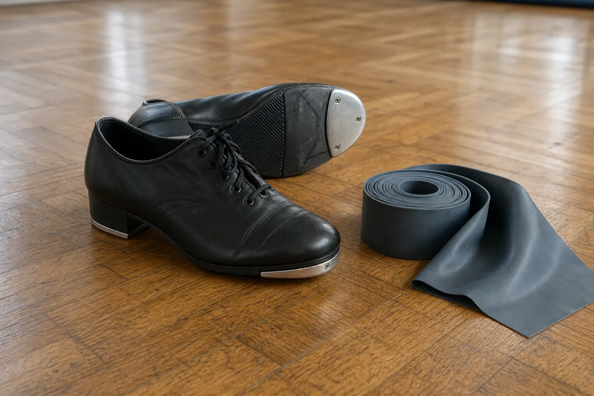 Gros plan sur des chaussures de claquettes et des bandes d’étirement posées sur un parquet de studio