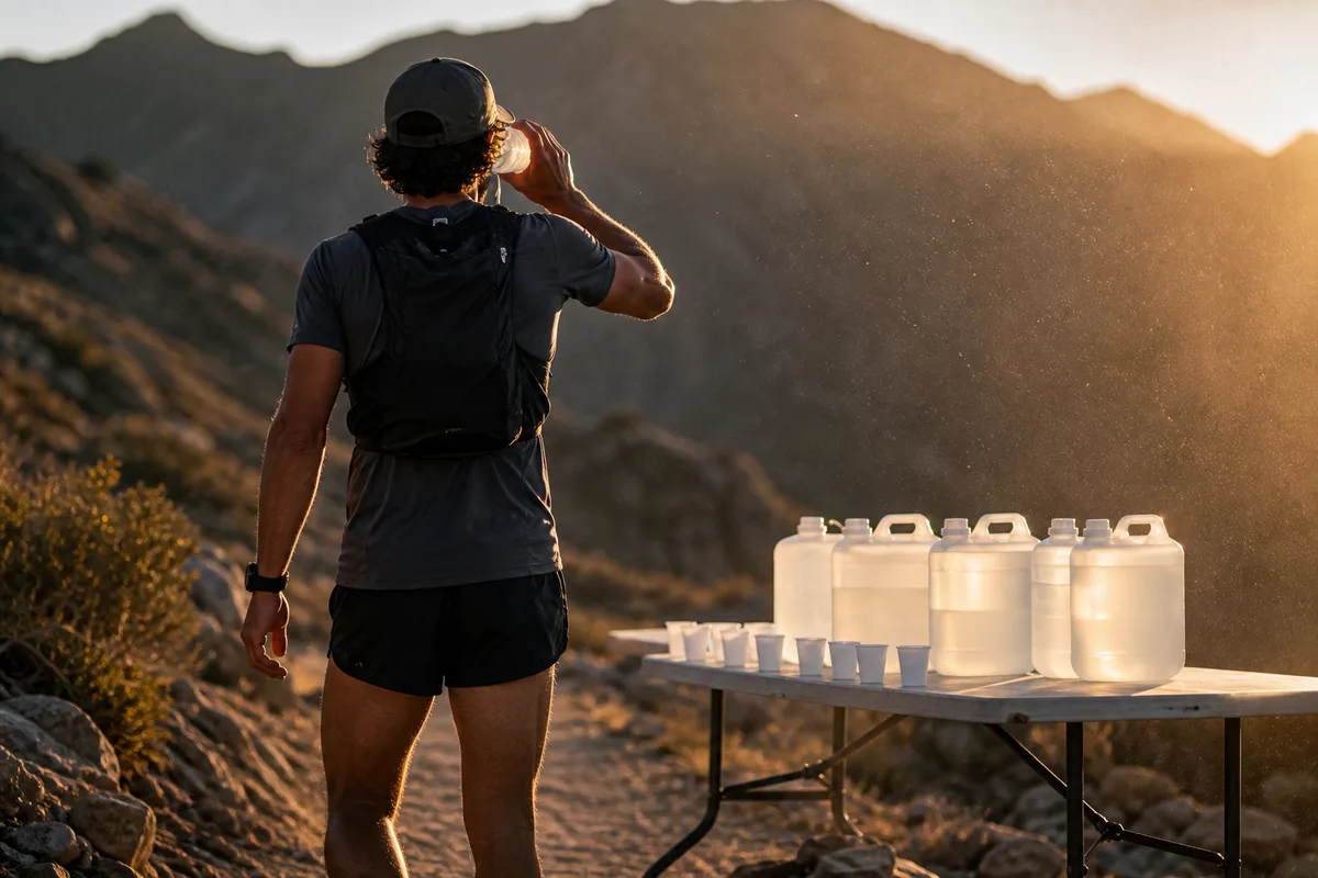 Coureur de trail buvant à un poste de ravitaillement en montagne, lumière chaude de fin de journée