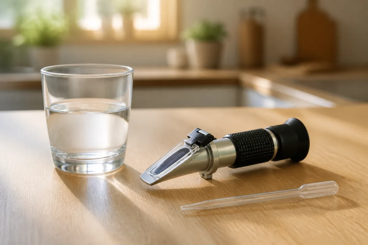 Verre d&rsquo;eau et réfractomètre de poche sur un plan de travail clair au petit matin