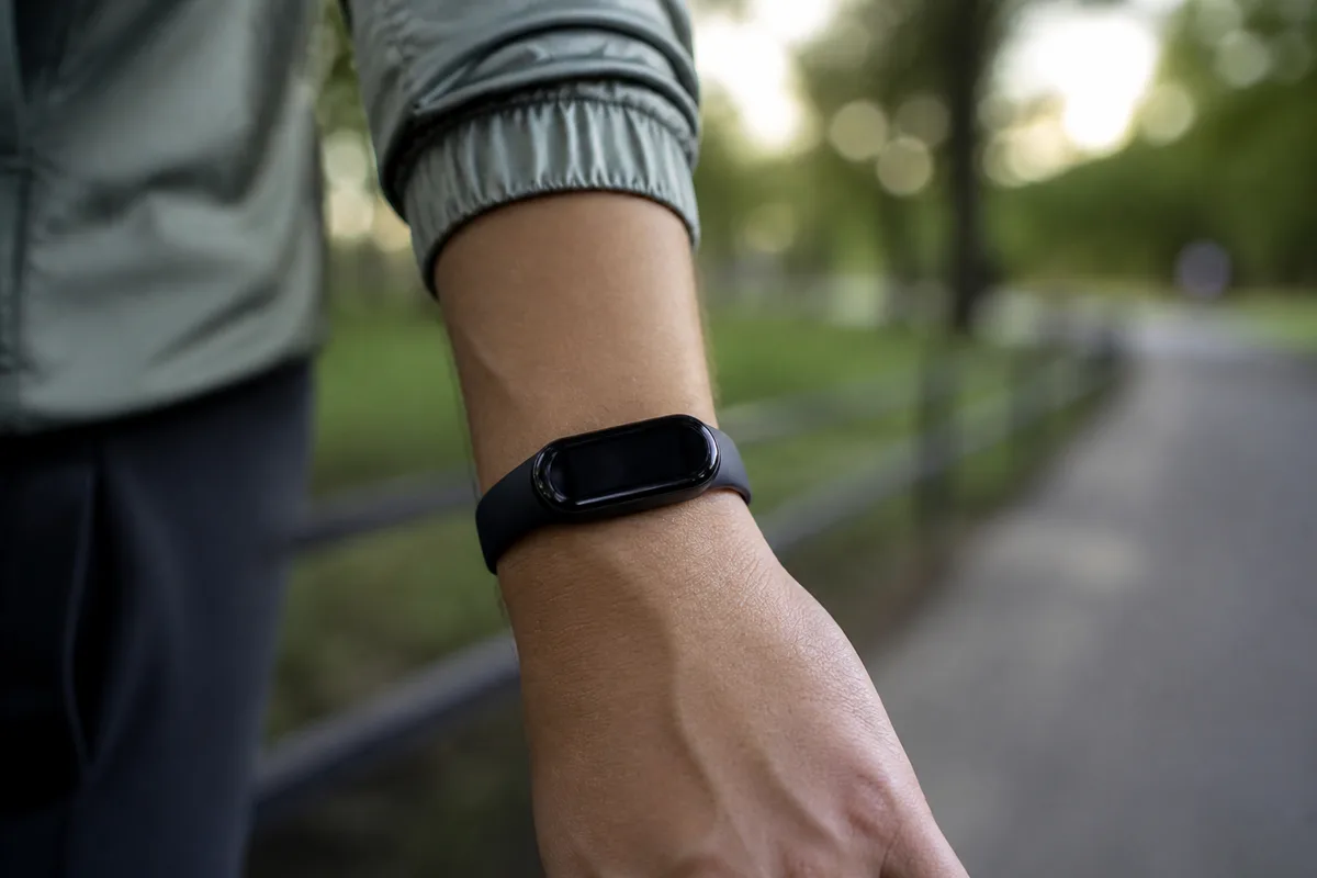 Bracelet connecté au poignet affichant un compteur de pas pendant une marche en extérieur