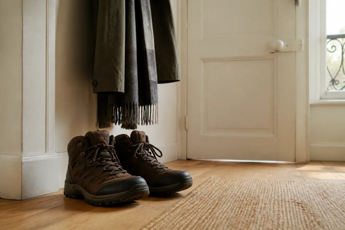 Chaussures de marche posées près d&rsquo;une porte d&rsquo;entrée, manteau accroché au mur