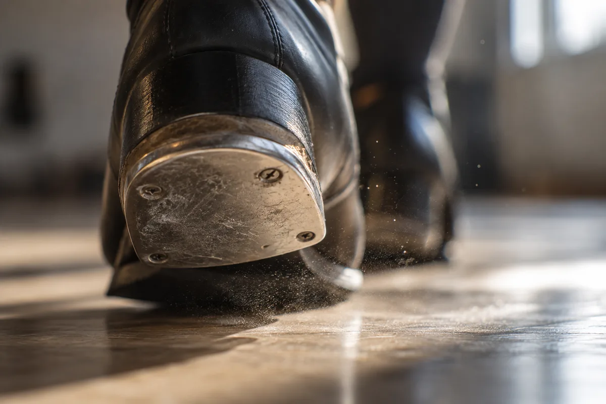 Gros plan sur un fer de claquette frappant un plancher de studio dans un rayon de lumière