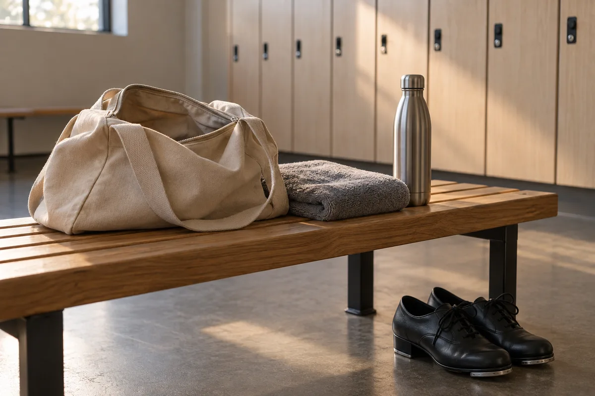 Sac de danse ouvert sur un banc de vestiaire avec serviette, gourde et chaussures de claquettes