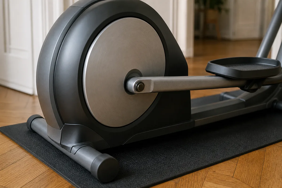 Détail des pédales et du carter de roue d&rsquo;inertie d&rsquo;un vélo elliptique dans une pièce claire