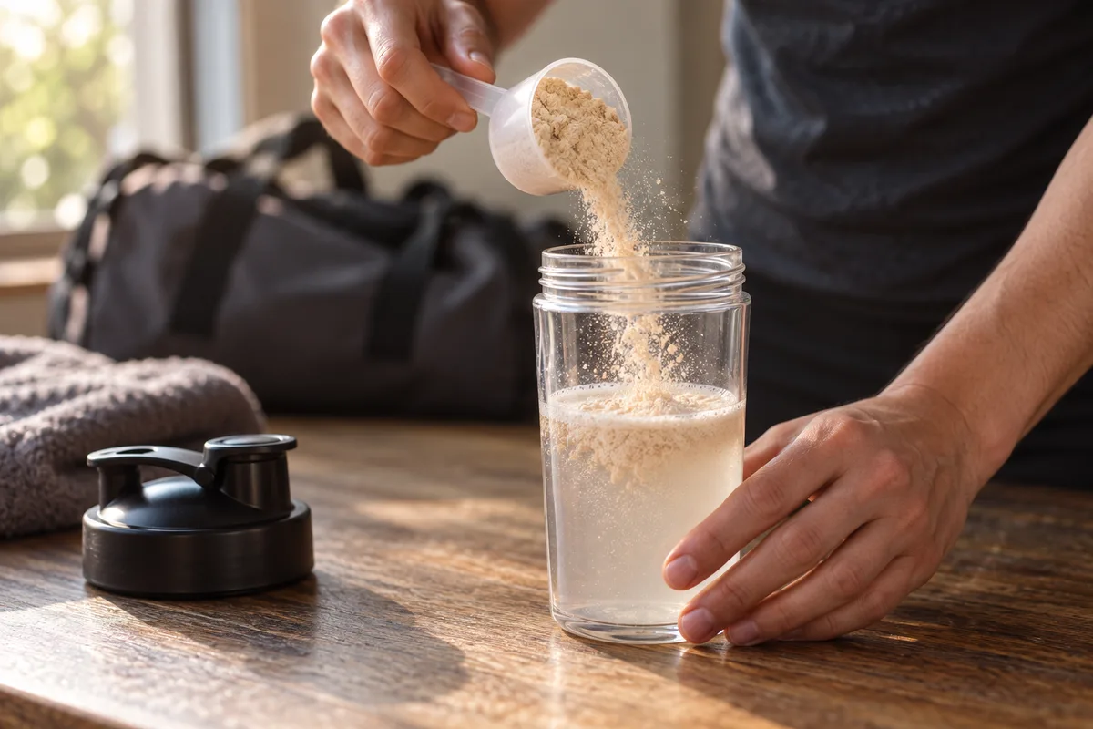Mains versant une cuillère de poudre beige dans un shaker en verre posé sur une table