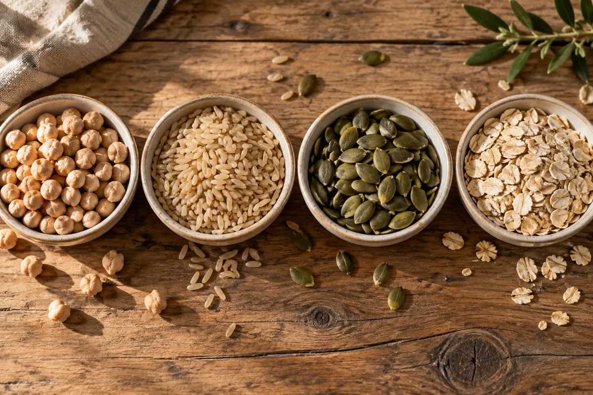 Coupelles en céramique contenant pois chiches, riz complet, graines de courge et flocons d&rsquo;avoine