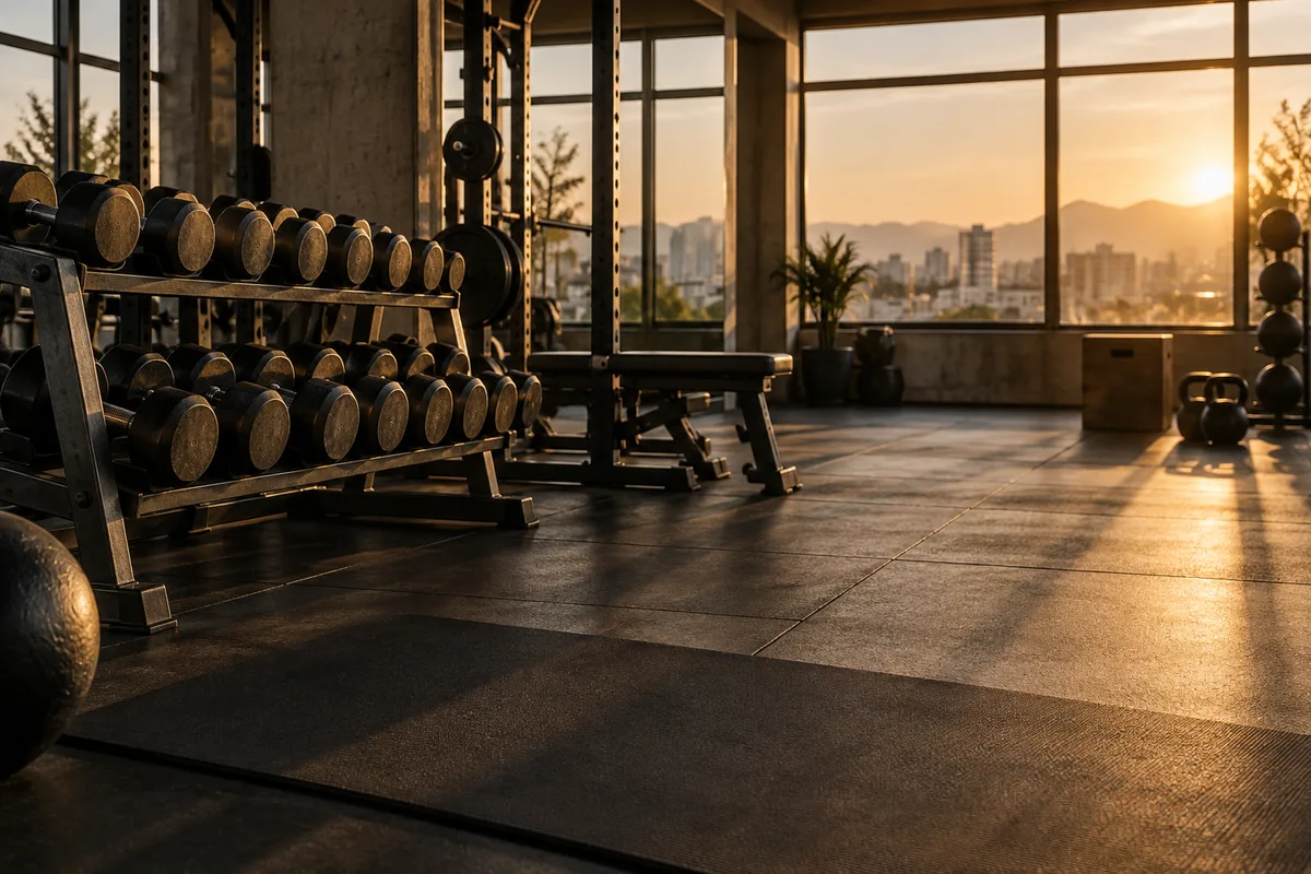 Salle de sport vide en fin de journée avec un rack d&rsquo;haltères en fonte et un tapis de sol sombre